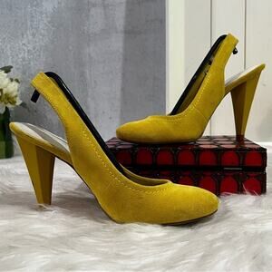 Nine West Leather Suede Epic Daffodil Round Toe Slingback Stacked High Heels 5.5